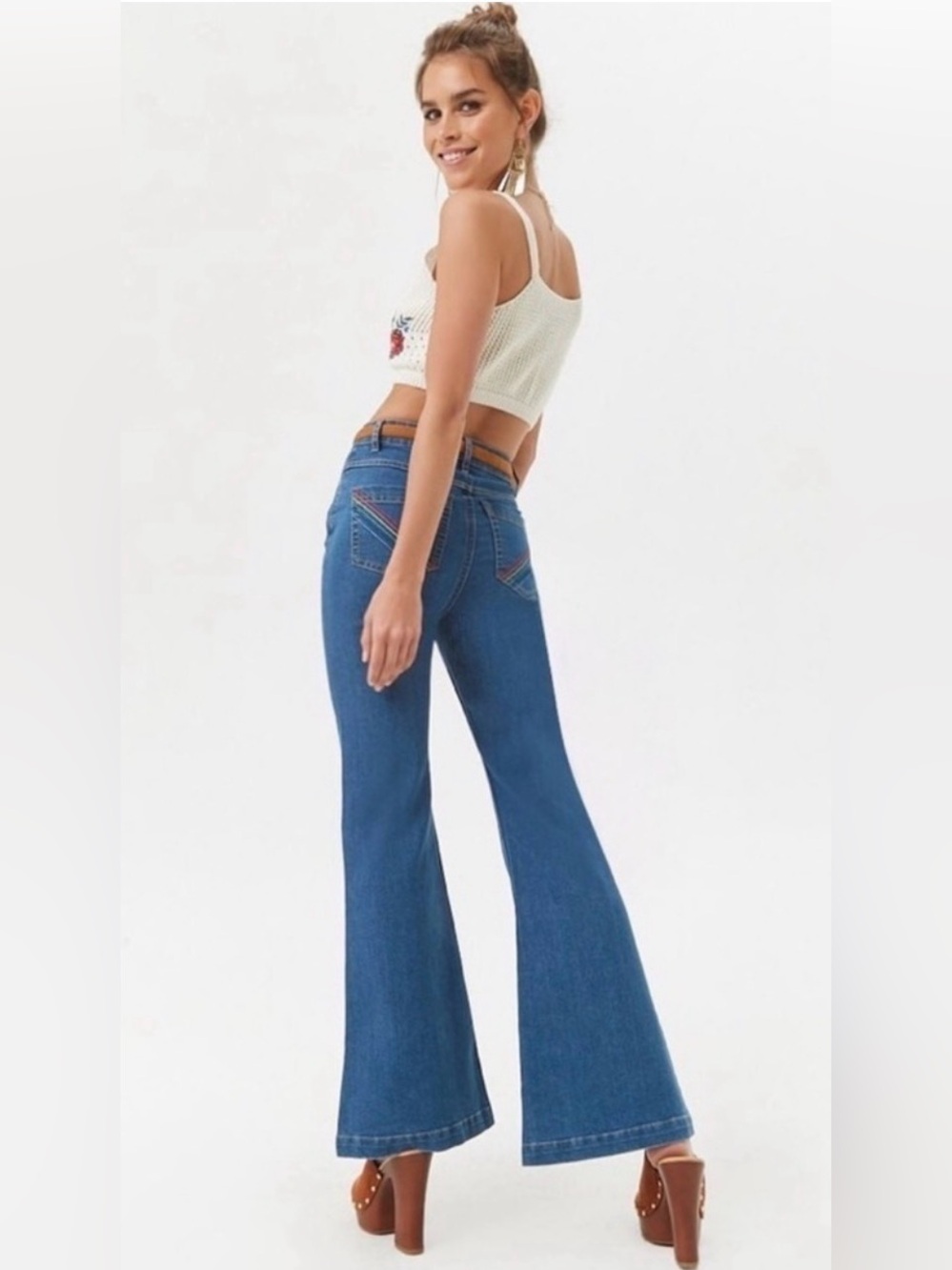Forever 21 Blue Rainbow Embroidered Pocket High Rise Flare Jeans Size 26